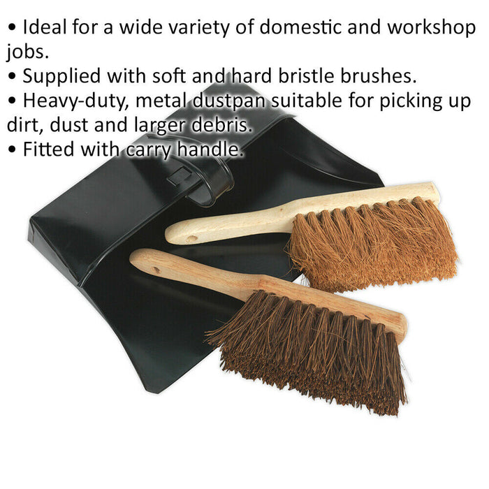 Metal Dustpan & Brushes Set - 2 Brushes - Hard and Soft Bristles - Carry Handle Loops