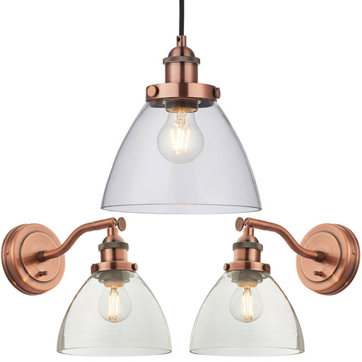 Ceiling Pendant & 2x Matching Wall Light Pack Aged Copper & Clear Glass Shade Loops
