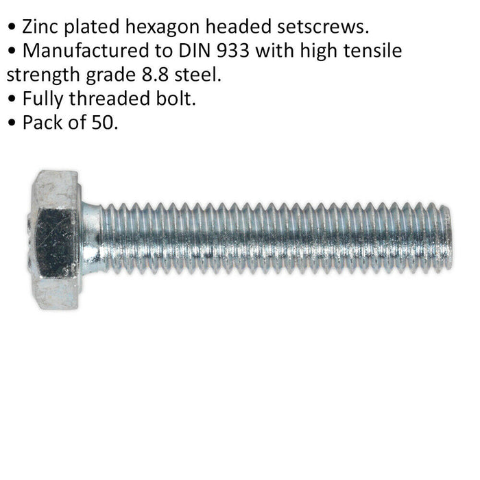 50 PACK HT Setscrew - M6 x 30mm - Grade 8.8 Zinc - Fully Threaded - DIN 933 Loops