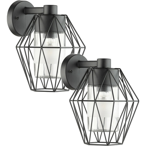 2 PACK IP44 Outdoor Wall Light Black Wire Cage Shade 1x 60W E27 Porch Lamp Loops