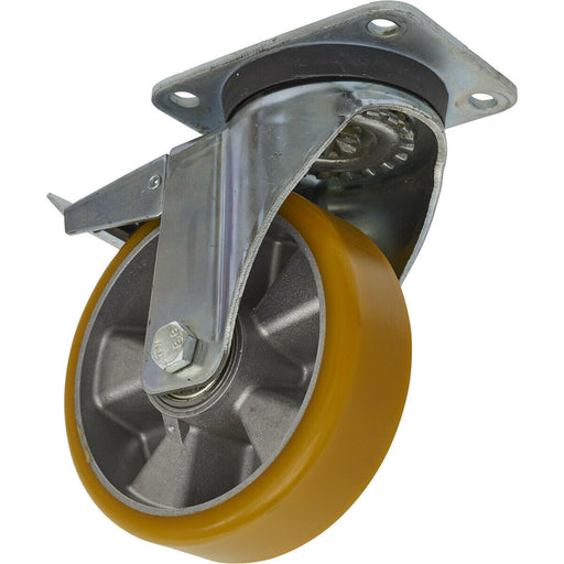 160mm Swivel Plate Castor Wheel - 50mm Tread - Aluminium & PU - Total Lock Brake Loops