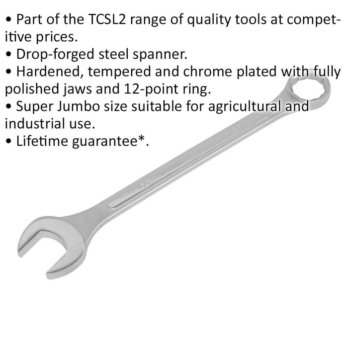 50mm Large Combination Spanner - Drop Forged Steel - Chrome Plated Polished Jaws Loops