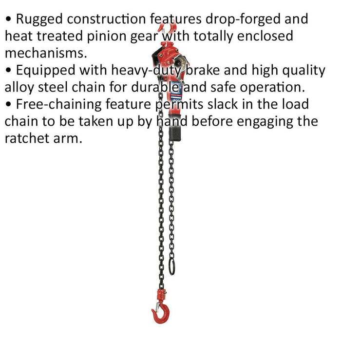Steel Lever Hoist - 750kg Max Capacity - Heavy Duty Brake - 1.5m Chain Length Loops