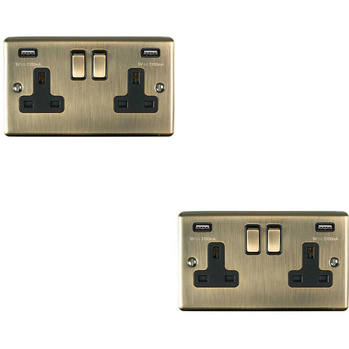 2 PACK 2 Gang Single UK Plug Socket & 2.1A USB ANTIQUE BRASS Black 13A Switched Loops