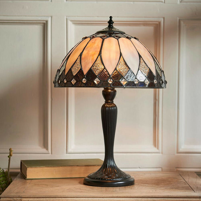 Tiffany Glass Table Lamp Light Dark Bronze & Rich Cream Art Deco Shade i00179 Loops