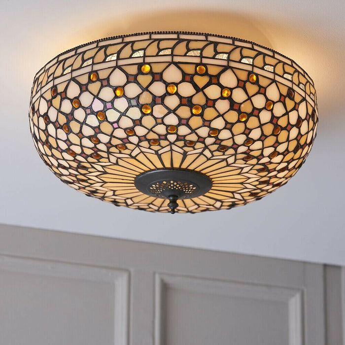 Tiffany Glass Semi Flush Ceiling Light Cream Bronze Round Inverted Shade i00156 Loops