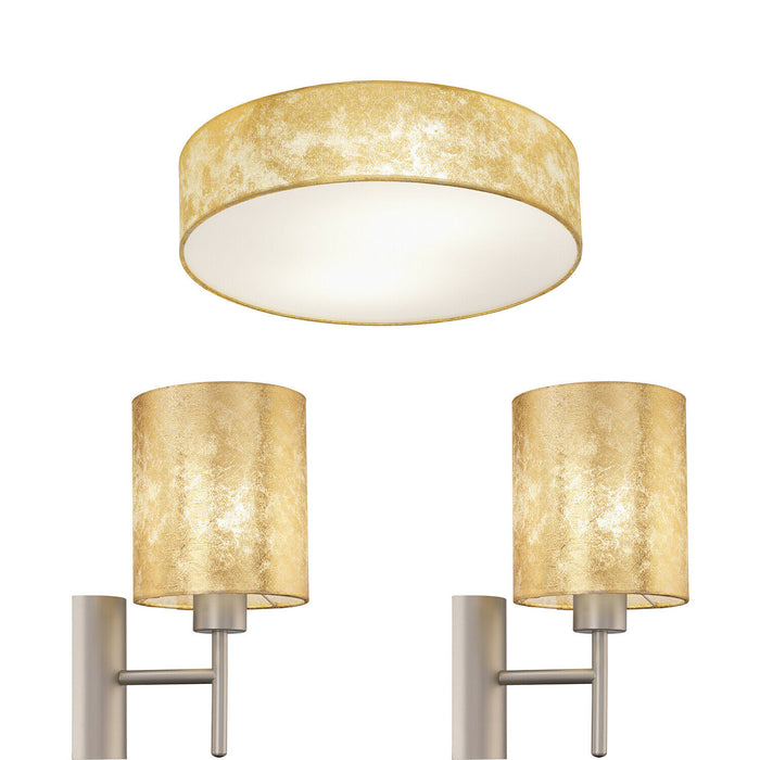 Low Ceiling Light & 2x Matching Wall Lights Gold Fabric Round Trendy Lamp Shade Loops