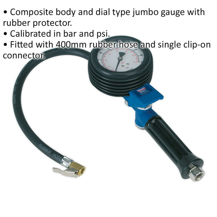 Tyre Inflator - Clip-On Connector - 400mm Hose - 1/4" BSP - EXTRA LARGE GAUGE Loops