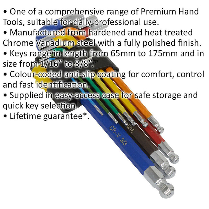 9 Piece Colour Coded Long Ball-End Hex Key Set - Imperial Sizing - Anti-Slip Loops