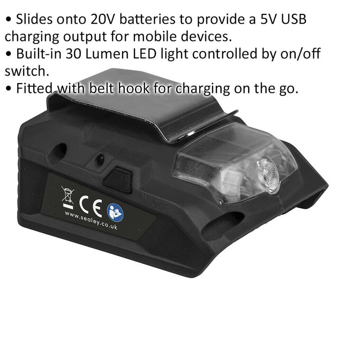 USB Charging Port for 20V Batteries - 5V USB Charging Output - 30 Lumen LED Loops