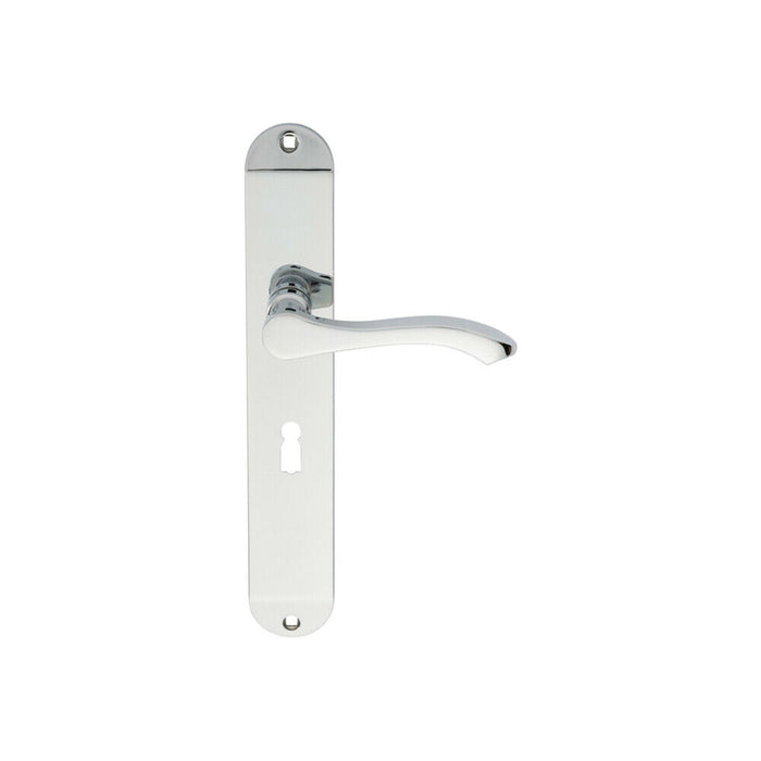 2x PAIR Scroll Lever Door Handle on Lock Backplate 242 x 40mm Polished Chrome Loops