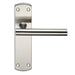 Mitred T Bar Lever Door Handle on Latch Backplate 172 x 44mm Satin Steel Loops