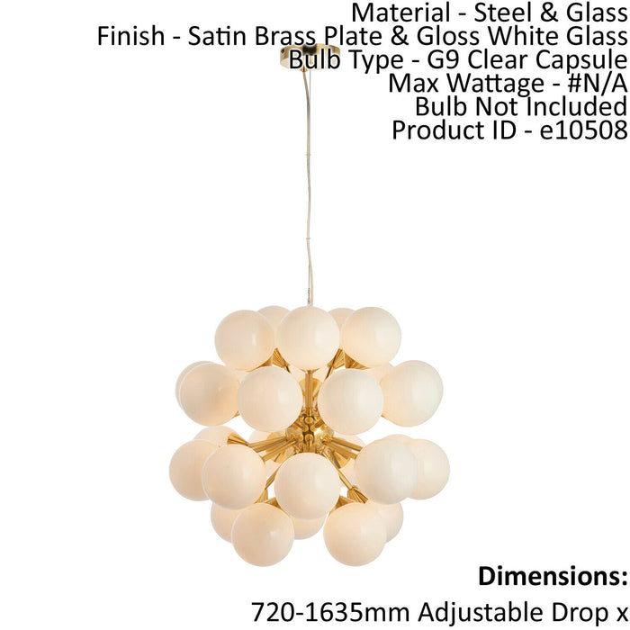 Ceiling Pendant Light Satin Brass Plate & Gloss White Glass 28 x 18W G9 Loops