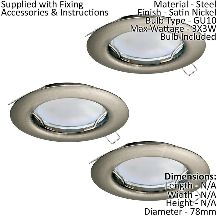 3 PACK Flush Ceiling Downlight Satin Nickel Steel 3 x 3W GU10 Bulb Loops