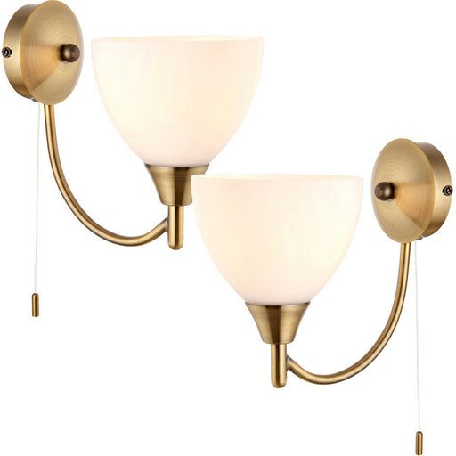2 PACK Dimmable LED Wall Light Antique Brass & Frosted Glass Shade Curved Lamp Loops