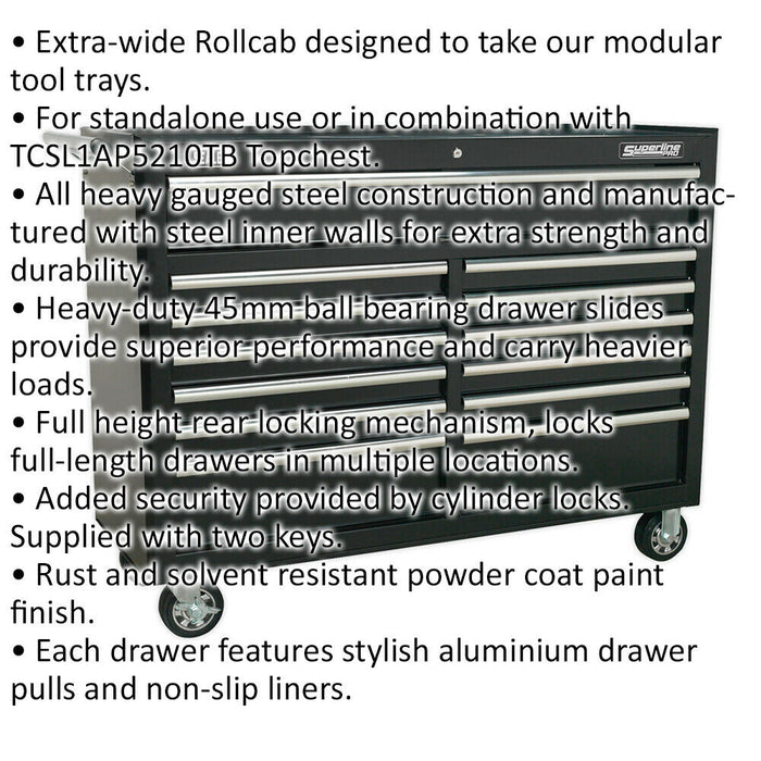 1290 x 465 x 1005mm 13 Drawer BLACK Portable Tool Chest Locking Mobile Storage Loops