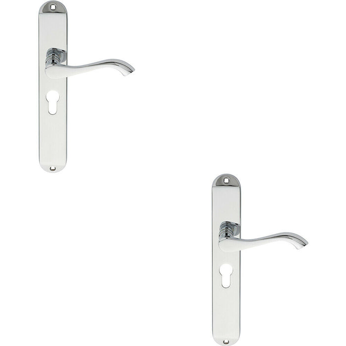 2x PAIR Curved Lever on Long Slim Euro Lock Backplate 241 x 40mm Polished Chrome Loops