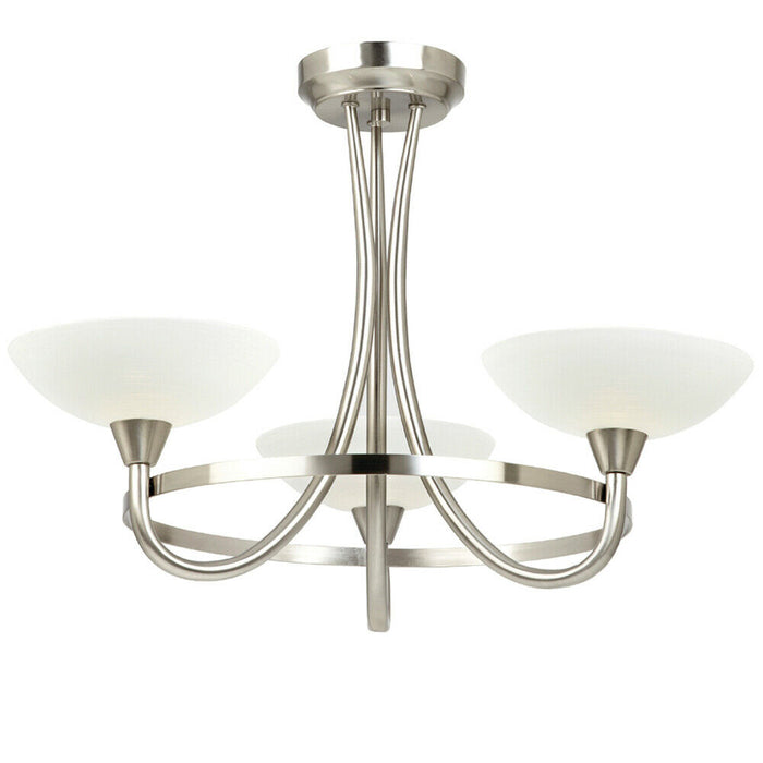 Semi Flush Ceiling Light Satin Chrome & White 3 Bulb Hanging Pendant Lamp Shade Loops