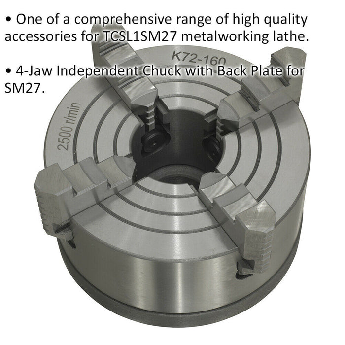 4 Jaw Independent Chuck with Back Plate - Suits ys08834 Metalworking Lathe Loops