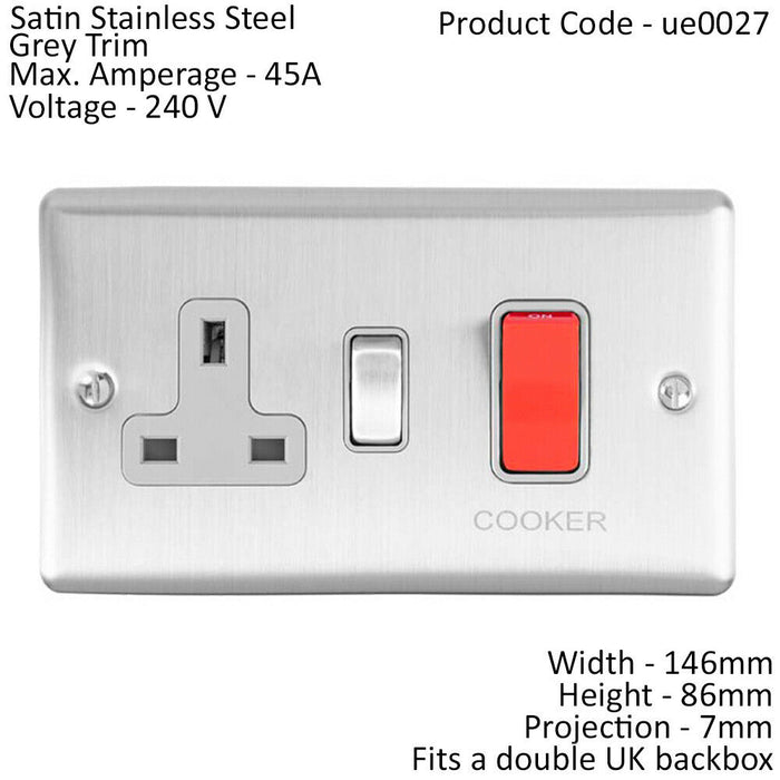 45A DP Oven Switch & Single 13A Switched Power Socket SATIN STEEL & Grey Trim Loops
