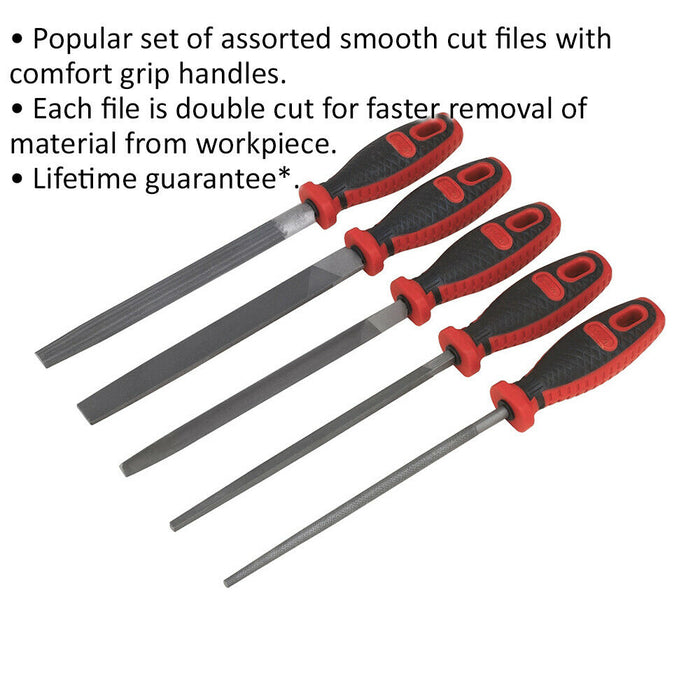 5 Piece 200mm Engineers Smooth Cut File Set - Double Cut - Comfort Grip Handles Loops