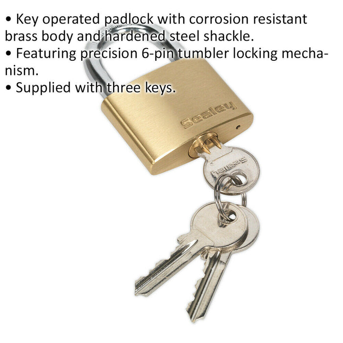 50mm Solid Brass Padlock 8mm Hardened Steel Shackle - 3 Keys Security Unit Lock Loops