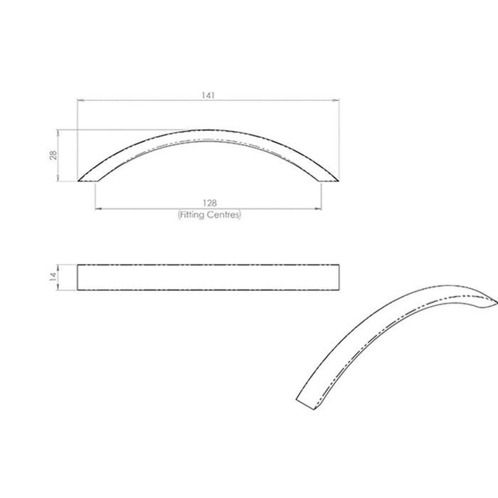 Curved Convex Grip Pull Handle 141 x 14mm 128mm Fixing Centres Satin Nickel Loops