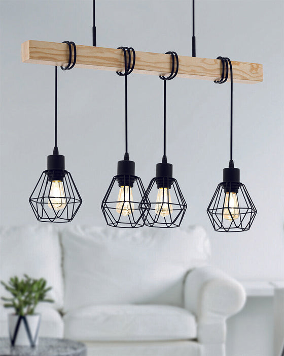 Hanging Ceiling Pendant Light Black Cage & Wood 4x E27 Kitchen Island Lamp Loops