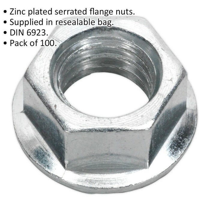 Pack of 100 Zinc Plated Serrated Flange Nut - 1.5mm Pitch - M10 - DIN 6923 Loops