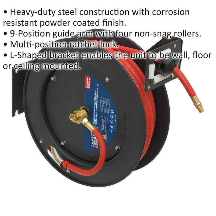 15m Retractable Air Hose - Steel Reel - 3/8" BSP Inlet - 10mm Rubber Hose Loops