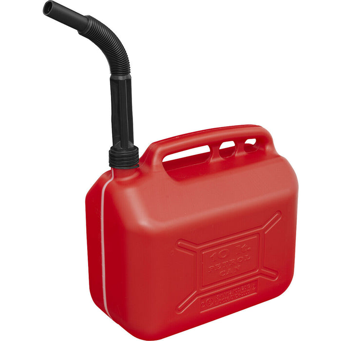 10 Litre Plastic Fuel Can -  Safety Screw Lock Cap - Flexible Spout - Red Loops