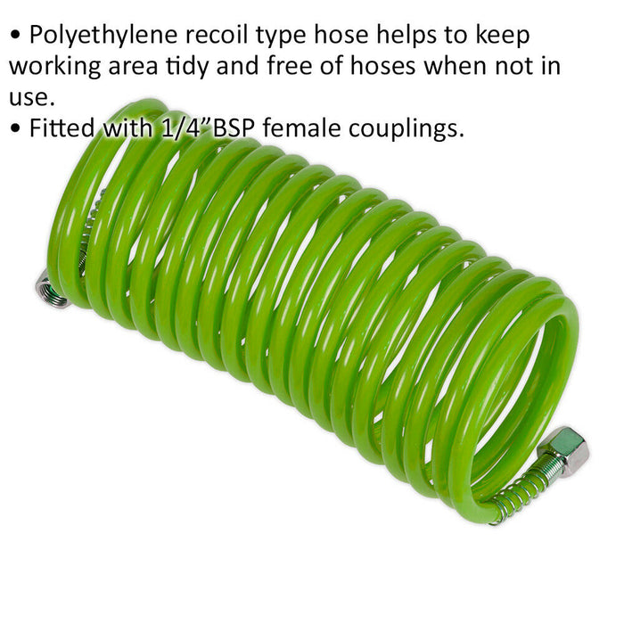 Green PE Coiled Air Hose with 1/4 Inch BSP Unions - 5 Metre Length - 5mm Bore Loops