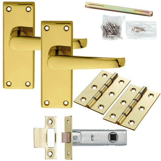 Door Handle & Latch Pack Brass Victorian Straight Lever Square Backplate Loops