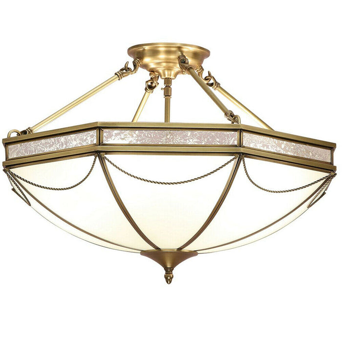 Luxury Semi Flush 8 Lamp Ceiling Light Traditional Antique Brass & Frosted Glass Loops