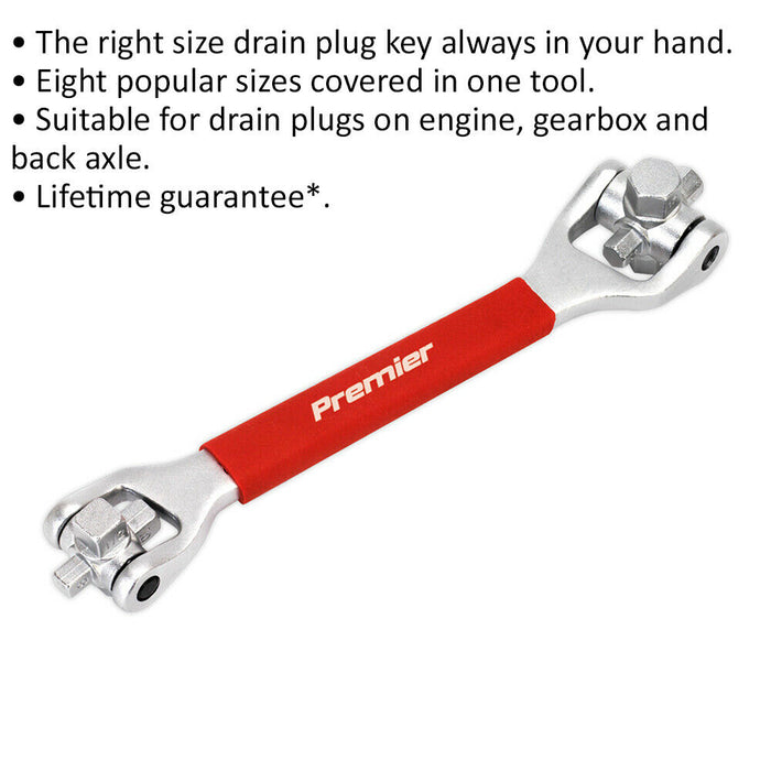 8-in-1 Oil Drain Plug Wrench - Hex & Square Keys - Various Sizes - Removal Tool Loops