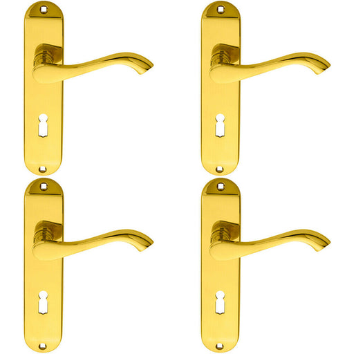 4x PAIR Curved Handle on Chamfered Lock Backplate 180 x 40mm Polished Brass Loops
