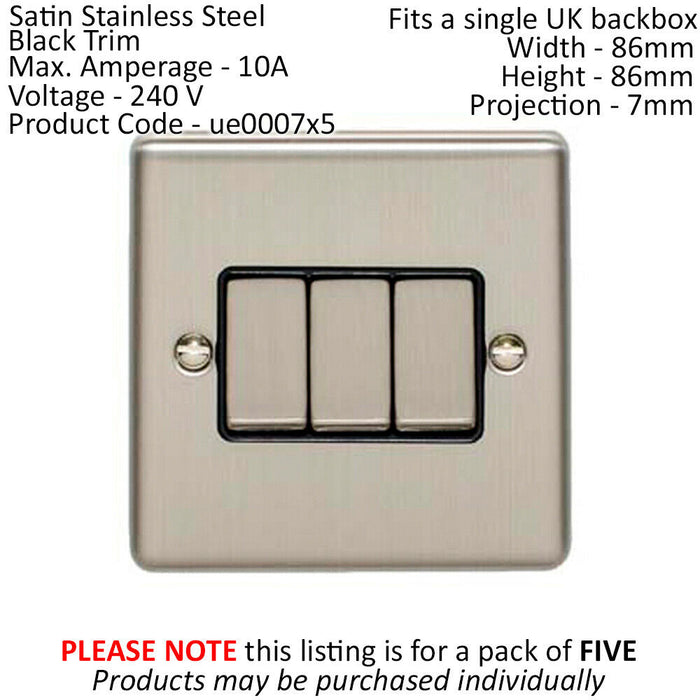 5 PACK 3 Gang Triple Metal Light Switch SATIN STEEL 2 Way 10A Black Trim Loops