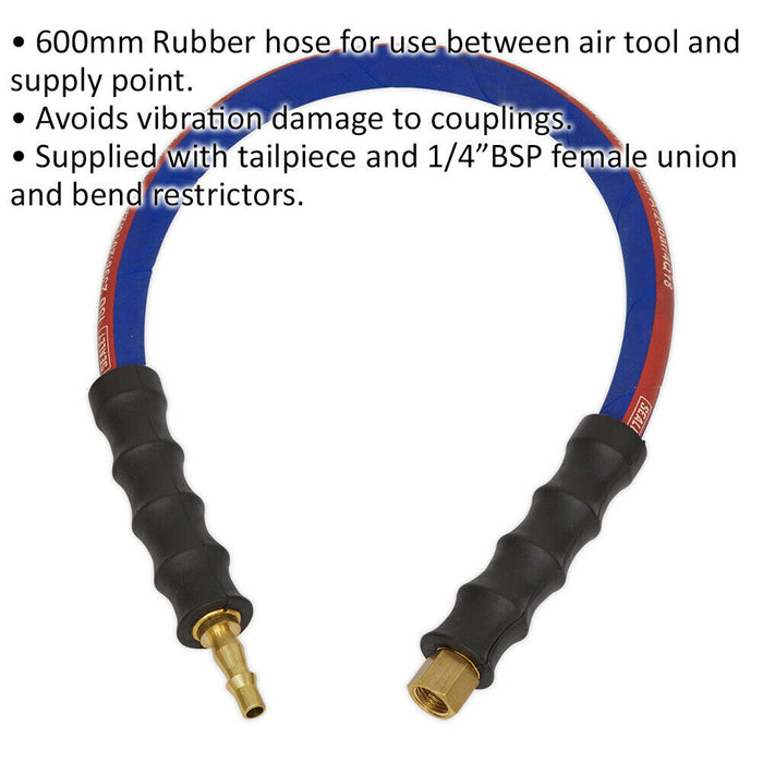 Rubber Air Leader Hose - 600 x 8mm - Tailpiece and 1/4 Inch BSP Union Fittings Loops