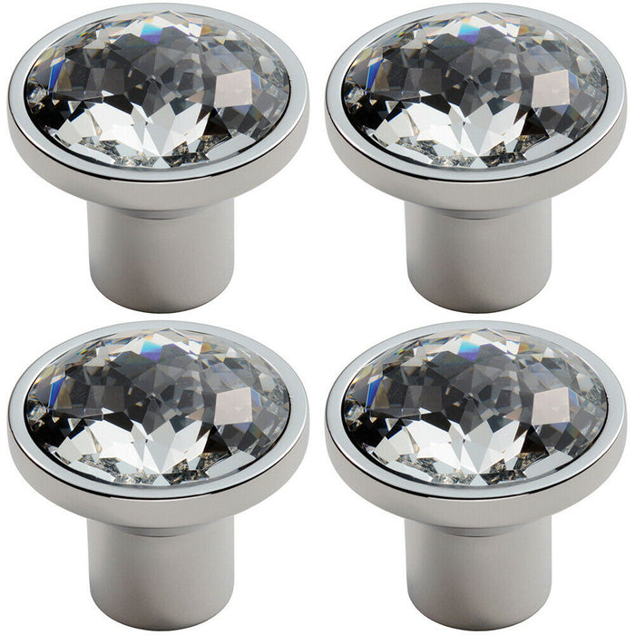 4x Round Faceted Crystal Cupboard Door Knob 34mm Diameter Polished Chrome Loops