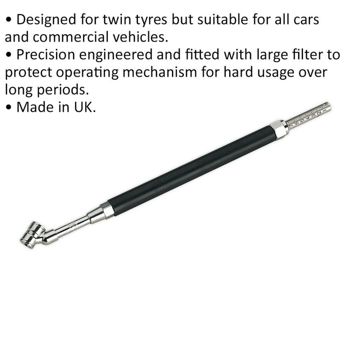 160psi Premium Universal Tyre Pressure Gauge & Twin Push On Connector & Filter Loops