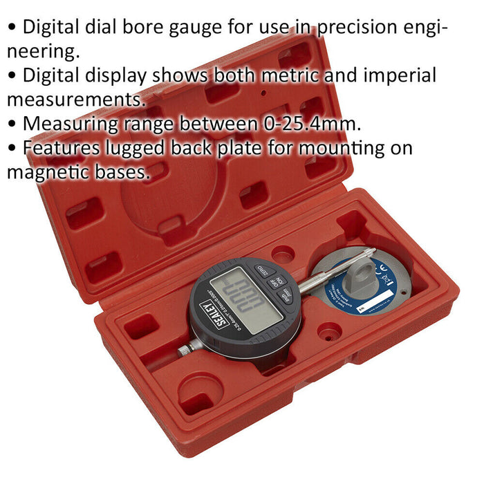 Dual Reading Digital Dial Bore Gauge - 0mm to 25.4mm - Metric & Imperial Loops