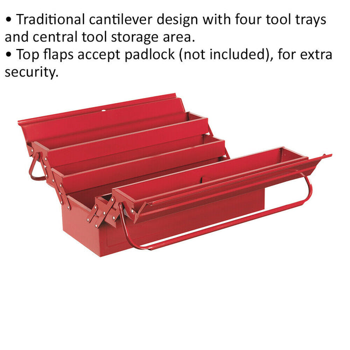 530 x 210 x 220mm Cantilever Toolbox - RED - 4 Tray Portable Tool Storage Case Loops