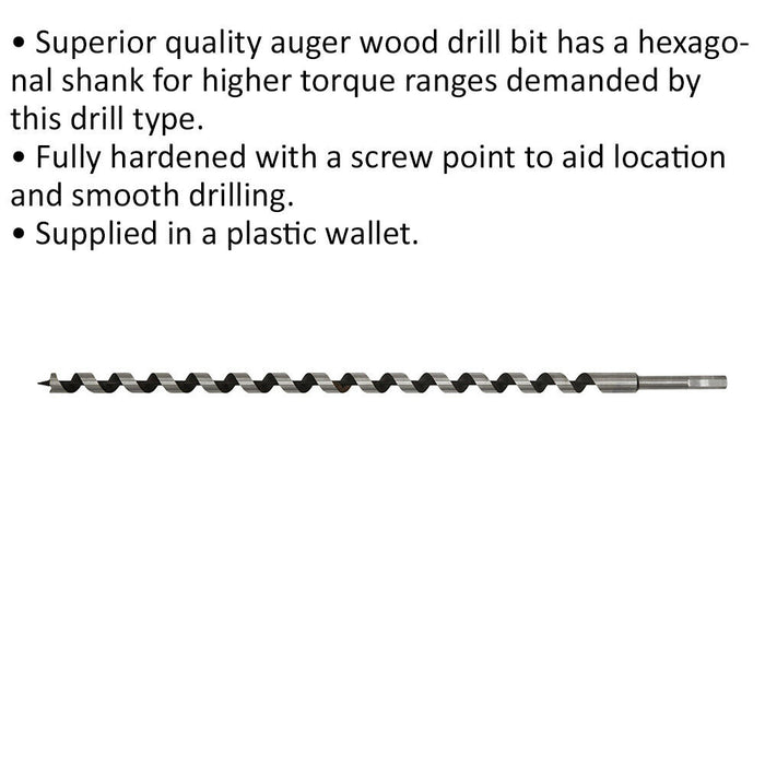 18 x 600mm Hardened Auger Wood Drill Bit - Hexagonal Shank - Woodwork Timber Loops