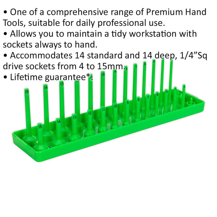 230mm 1/4" Square Drive Socket Holder - GREEN - 28 Bit Capacity Standard & Deep Loops