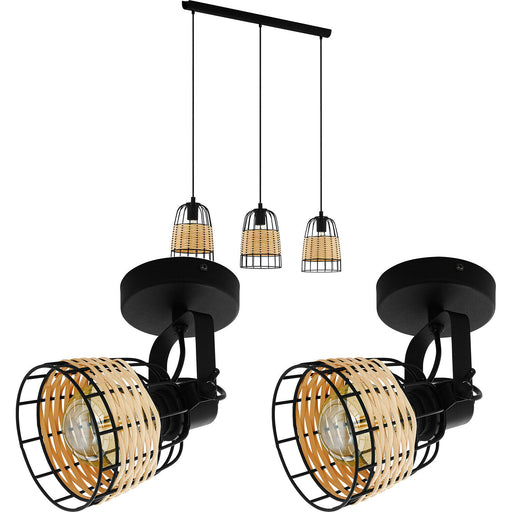 Ceiling Spot Light & 2x Matching Wall Lights Black Wire & Wicker Wood Shade Loops
