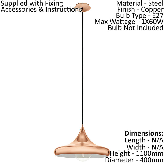 Hanging Ceiling Pendant Light Sleek Copper Shade 1x 60W E27 Hallway Feature Loops