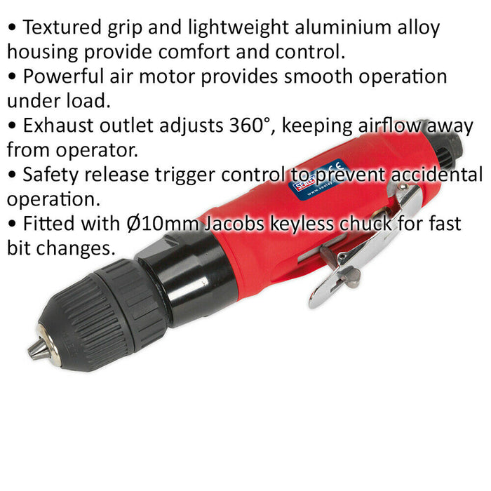 Air Operated Straight Drill - 10mm Keyless Chuck - Safety Trigger - 1/4" BSP Loops