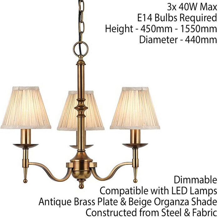 Avery Ceiling Pendant Chandelier Light 3 Lamp Antique Brass & Beige Pleat Shade Loops