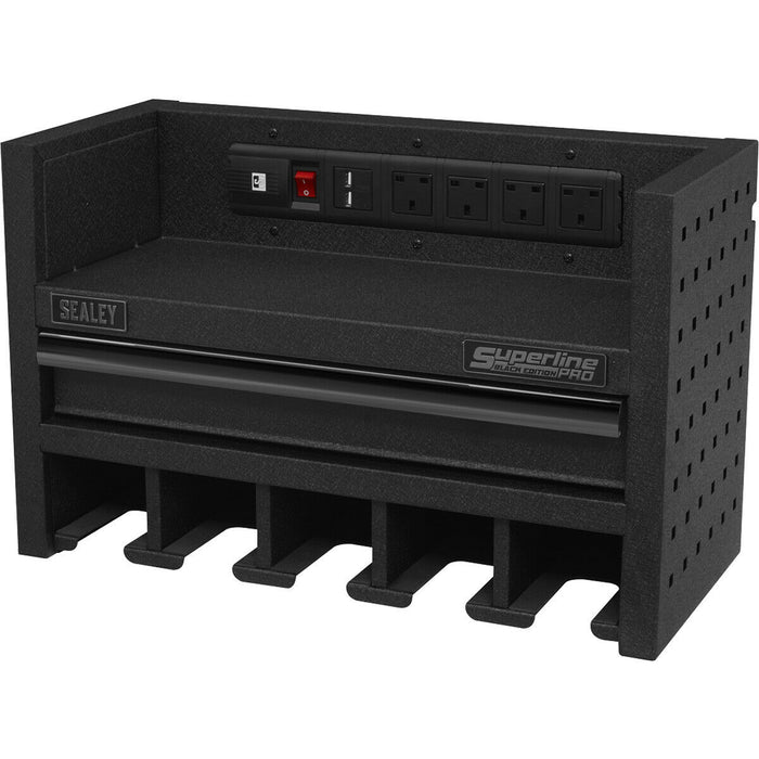 560mm Power Tool Storage Rack with Drawer - Fitted Power Strip - Holds 5 Tools Loops