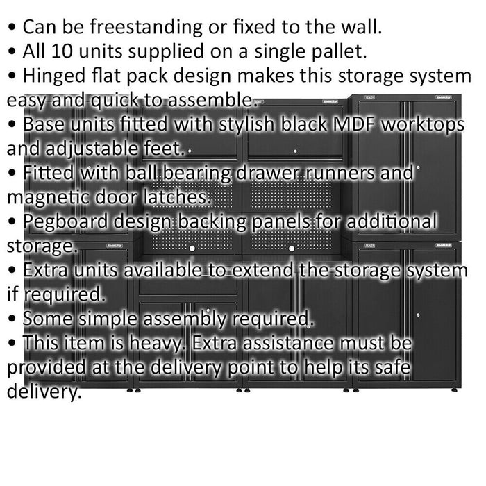 10 Piece Garage Storage System - Adjustable Feet - Pegboard Back Panel - Modular Loops